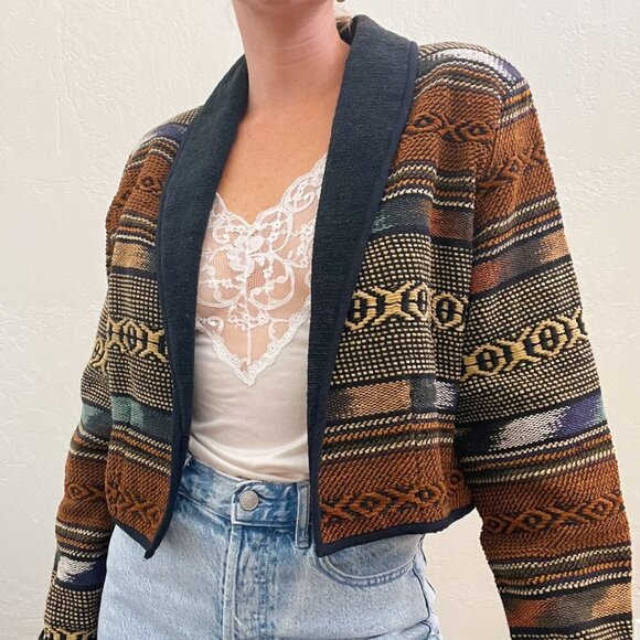 Vintage 1980s/90s Boho Woven Cotton Tapestry Crop Blazer Jacket - Picture 2 of 6